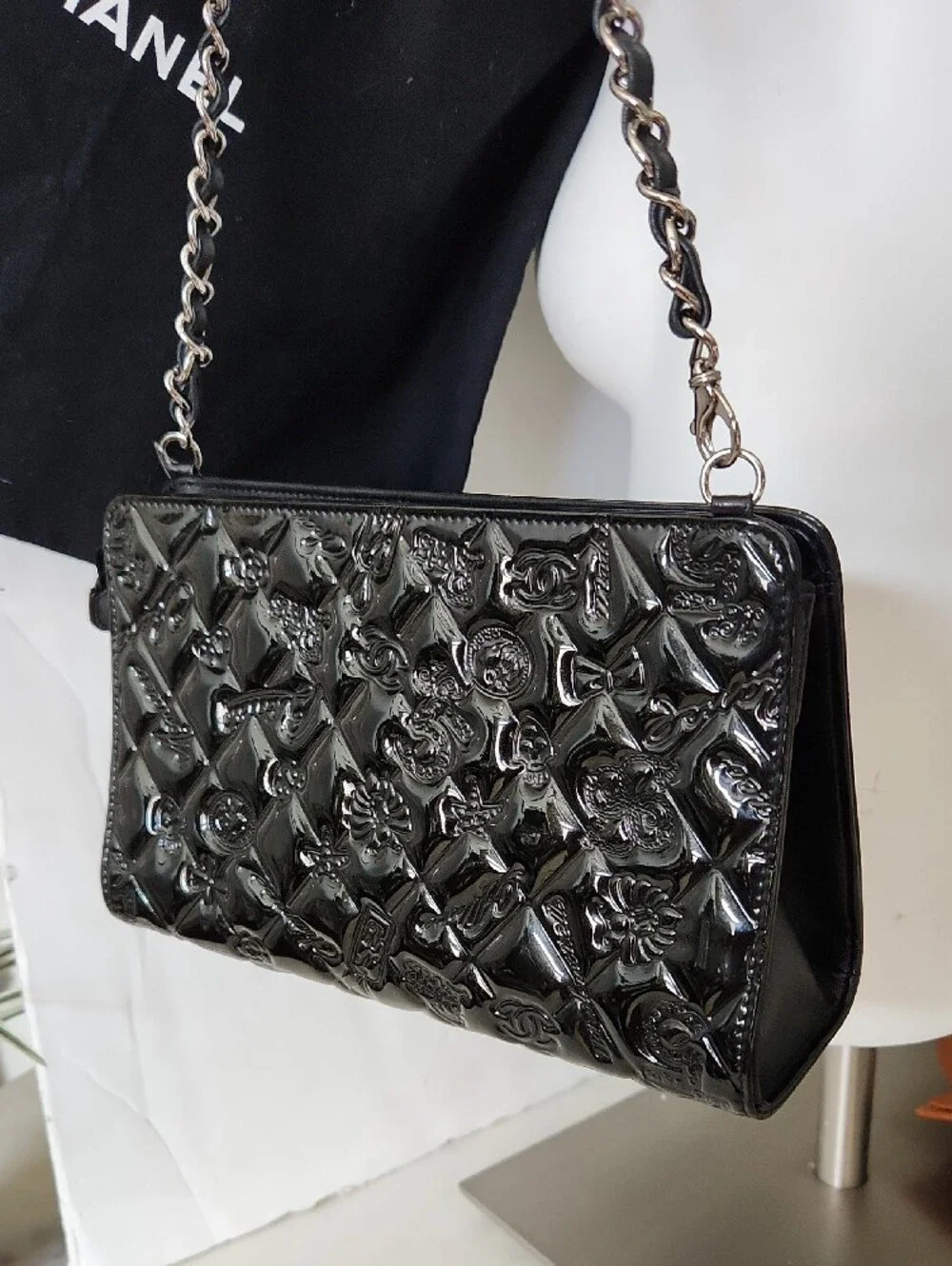 CHANEL Black Patent Quilted Floral Chain Wristlet